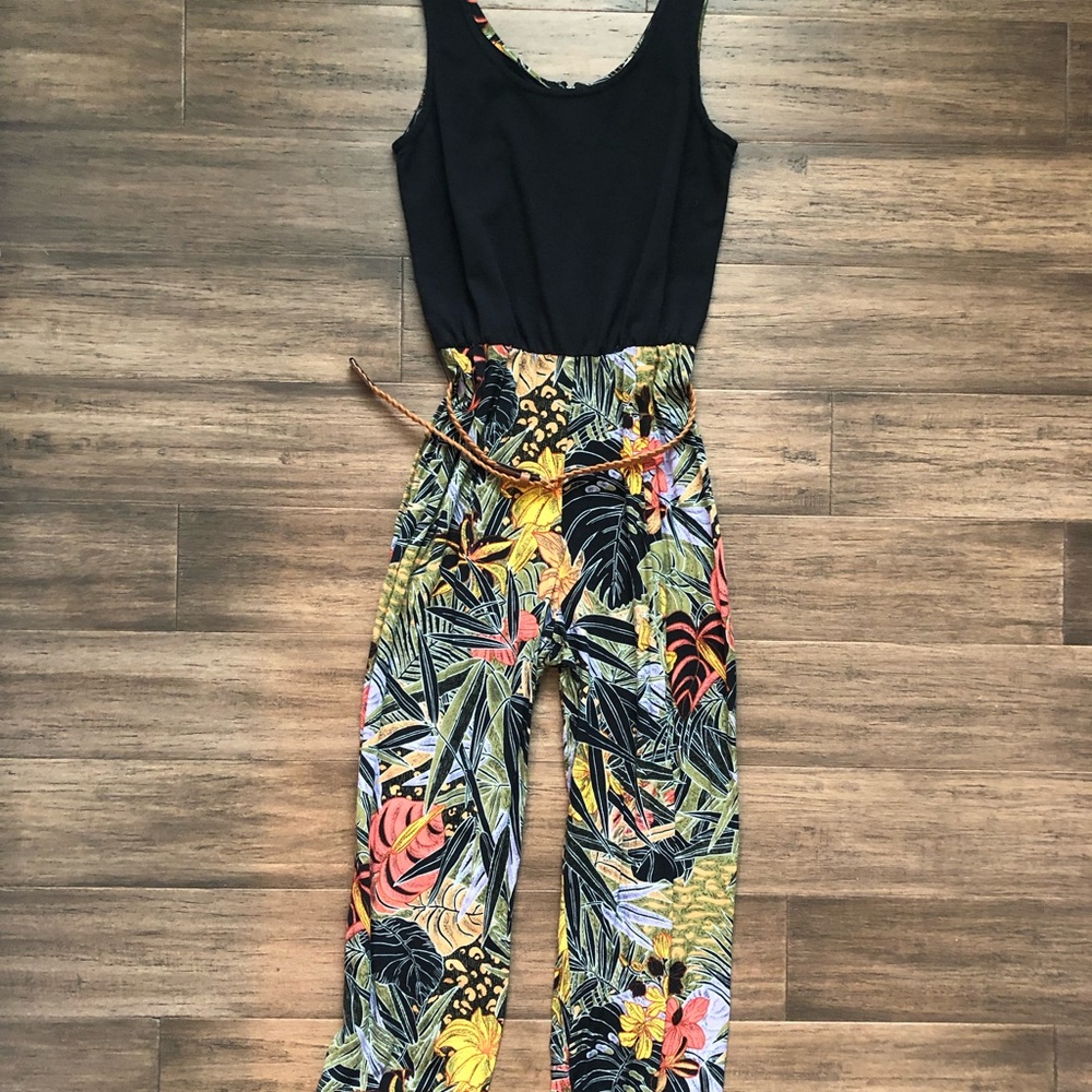 Vintage Tropical Jumpsuit with Belt - Brand Unknown - Size 7-8 fits like a 4-6